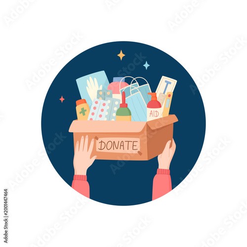 Medicine donation help box as flat hand icon sticker. Healthcare aid gift as round sticker style with colorful cover. Concept for charity support and donate box, hospital care and community