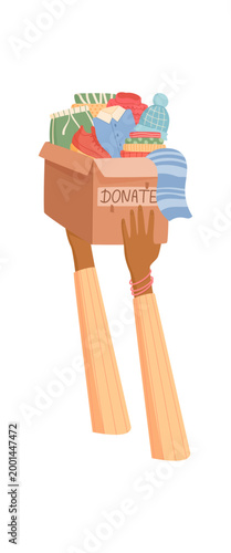 Needy charity clothes donation box scene. Gift cloth and used clothes rise in a box as a person hand lift and share help. Human hand of people show care support on flat white background as kind