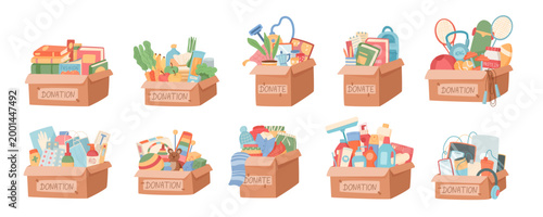 Set of support help box collection. Donation box with food, cloth and book. Gift crate with toy and goods as charity aid, useful for community help or support background in soft flat style.
