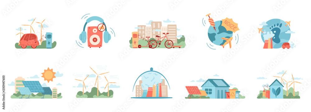 Fototapeta premium Collection of eco energy icon scenes in soft flat style. Renewable power scene shows turbine, solar panel and bicycle as symbols of sustainable lifestyle and clean transport. Green environment concept