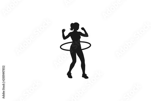 Sporty woman silhouette exercising with hula hoop