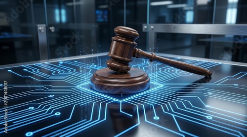Wooden gavel resting on a complex network of glowing blue digital lines.