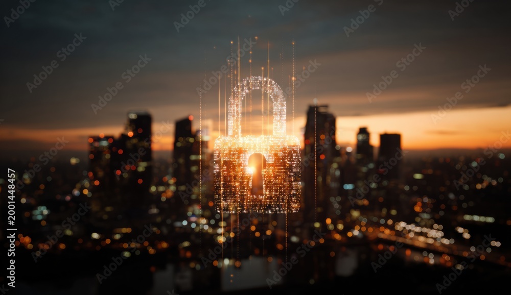 Fototapeta premium Cityscape at sunset with skyscrapers and digital lock interface for technology concept