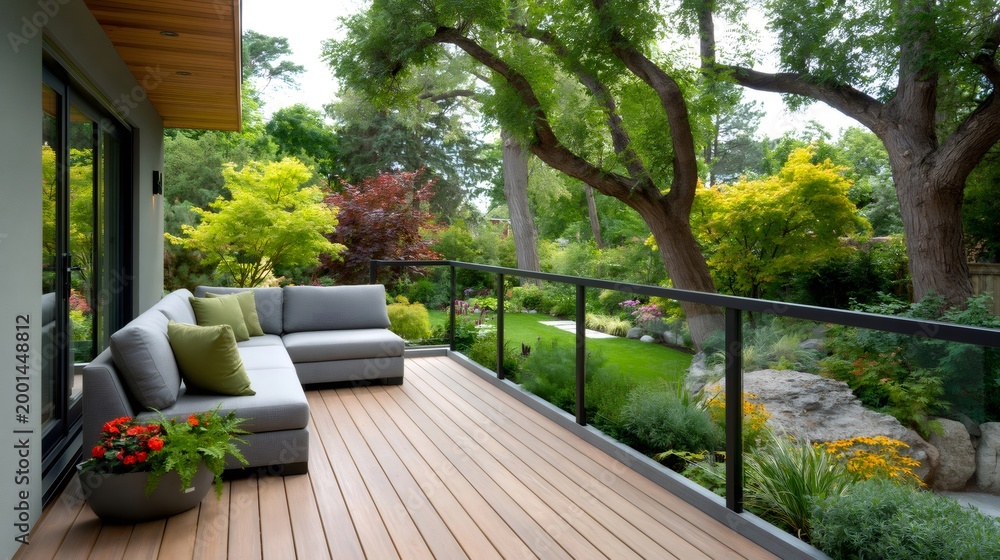 Obraz premium Modern outdoor living room deck with garden view