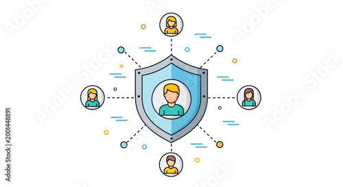 A shield protects a central person from connected network threats.