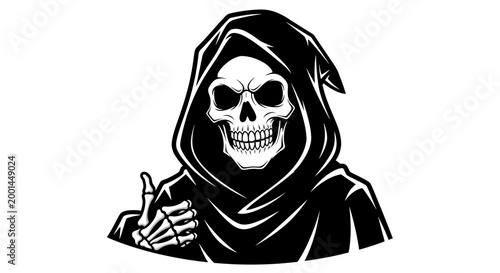 A hooded skeleton gives a thumbs up in a graphic illustration.
