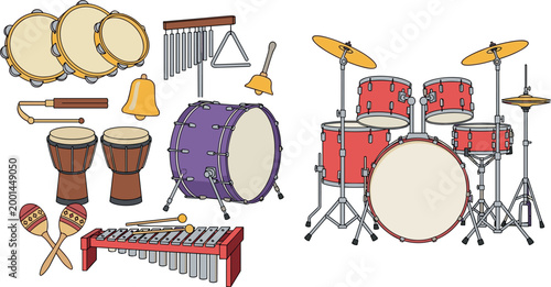 Set of 2 Vector Illustrations of Various Musical Instruments Including Drums, Bells, Maracas, and Xylophone for Websites, Apps, and Digital Media Designs