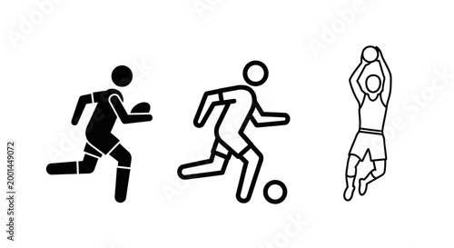 Three stick figures engaged in sports activities with ball