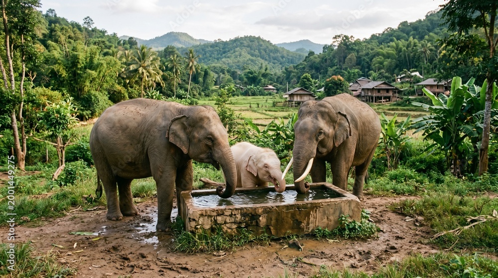 Obraz premium A family of Asian elephants, including a rare white/albino calf, drinking water from a trough in a lush tropical landscape with a village background