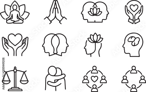 mental health and wellness line icons set meditation mindfulness therapy support and psychology symbols vector illustration