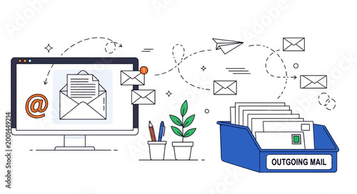 Someone sends emails from computer with outgoing mail folder and office supplies