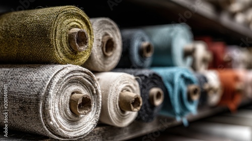Close-animated movie view of colorful fabric rolls neatly arranged on shelves, showing various textures and shades, highlighting textile diversity in a workshop or store setting