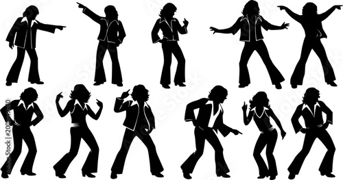 A group of retro 70s disco dancer silhouettes in groovy poses