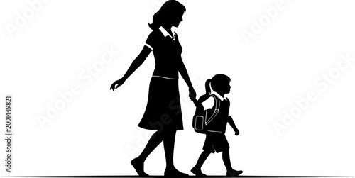A mom Going to school with Her Child vector silhouette