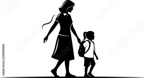 A mom Going to school with Her Child vector silhouette