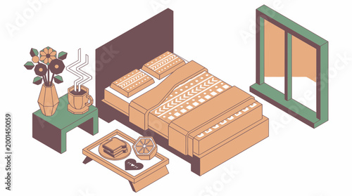 Isometric Bedroom Scene with Bed, Nightstand, and Coffee Table in Cozy Setup