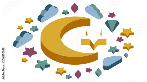 Vibrant Crescent Moon Surrounded by Stars and Jewels in 3D Graphic Environment