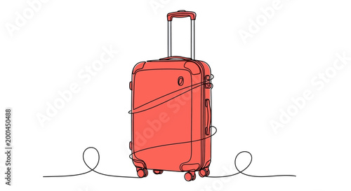 A red suitcase with a handle and wheels is standing alone on the ground.