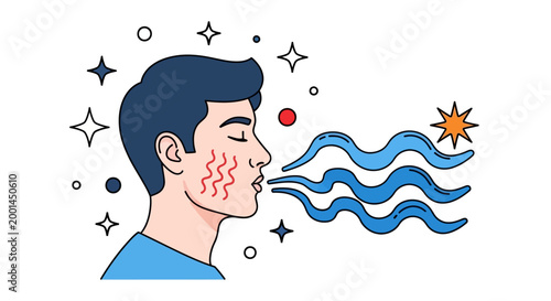 Man coughs with flu symptoms and germs spreading in air around him