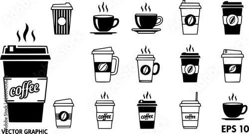 Coffee cup icon set. Cups of coffee tea collection. Hot drink icon. Disposable cup. Cup coffe with steam. Flat style. Vector Illustration. Vector Graphic. EPS 10