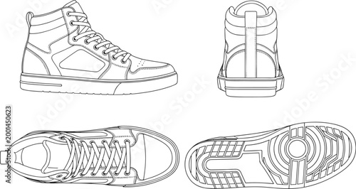 Detailed technical drawing of a high-top sneaker from multiple angles