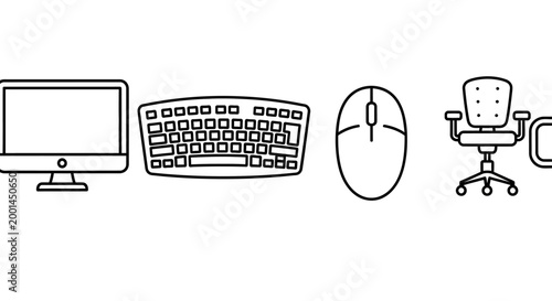 Office workstation setup with computer, keyboard, mouse, and chair indoors