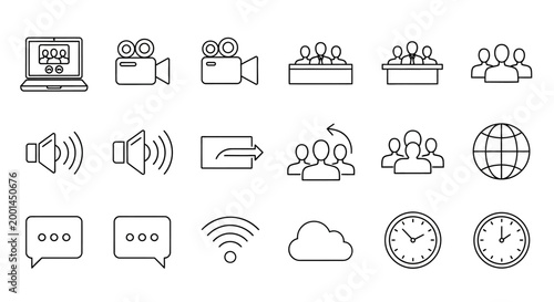 Communication icons illustrate people interacting with technology globally online