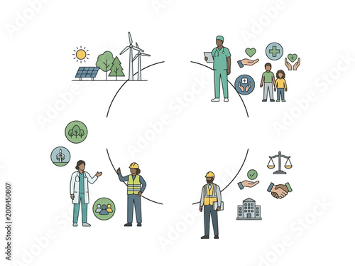 Sustainable Development and ESG Concept Illustration with Healthcare Infrastructure and Green Energy Professionals for Corporate Business Reports