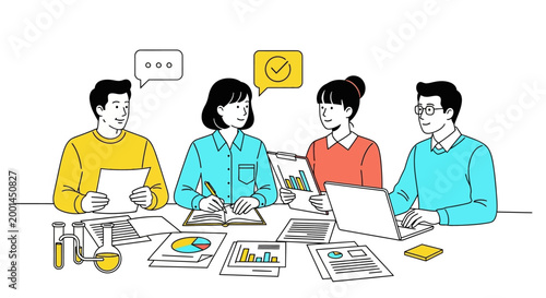 Four people discussing documents and data at a meeting table with laptops