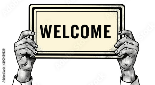 A person holds up a welcome sign with both hands in front.