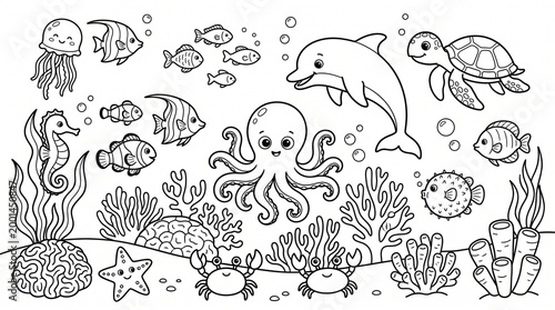 sea underwater animals for kids outlined colouring page cute with white background