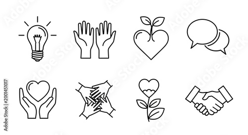 Various icons representing growth, communication, and partnership on a clean white background with hand, heart, and speech symbols