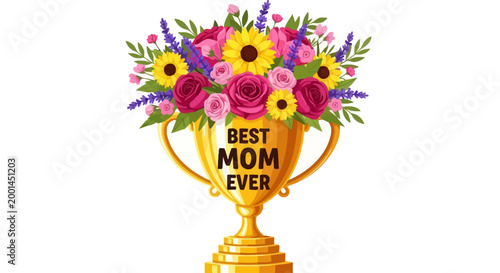 A golden trophy with colorful flowers and the words 'Best Mom Ever' sits on a table indoors.