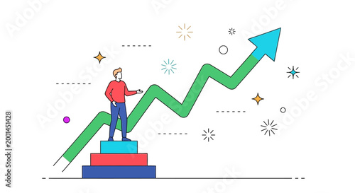 Man standing on blocks with green increasing chart and blue arrow