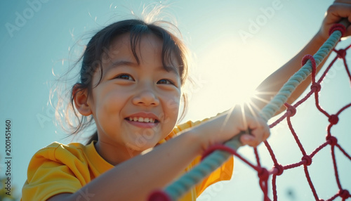 Happy child enjoying outdoor play with bright sunshine and climbing on netting, smiling joyfully during afternoon activities. Outdoor play creates joyful childhood memories,