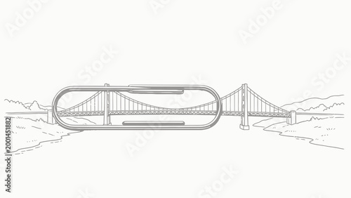 Playful Conceptual Mixed Media Optical Illusion: Real Metal Paper Clip Seamlessly Blended With Hand Drawn Suspension Bridge Line Art On Plain White Paper
