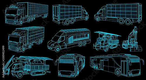 AutoCAD EV Solar Heavy Duty Vehicle Blueprint – Left Right Side View Multi View Cyan Outline on Black Background