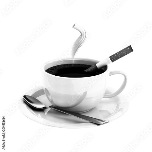 Coffee cup and cigarette halftone illustration. Dotted silhouette of hot espresso with steam and cigarette. Retro pop art cafe morning concept. Vintage grain stipple effect on white background.