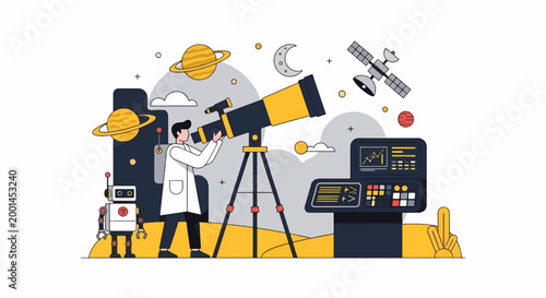 Scientist Observing the Cosmos Through a Powerful Telescope Illustration.