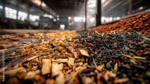 Dried herbs, spices, and teas on a production line in a food manufacturing facility