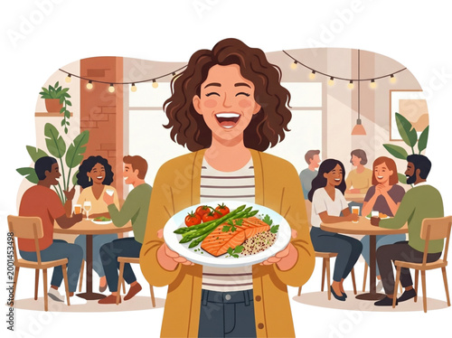 Vibrant happy young woman laughing while holding a safely prepared meal in a modern restaurant for World Food Safety Day 
