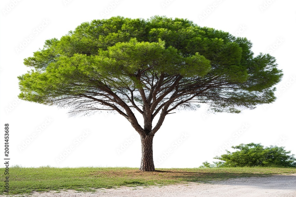 Obraz premium A solitary Mediterranean pine tree stands proudly on a grassy knoll.