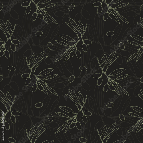 luxury dark olive branch seamless pattern, golden line art botanical sketch for premium gourmet packaging and sophisticated restaurant branding