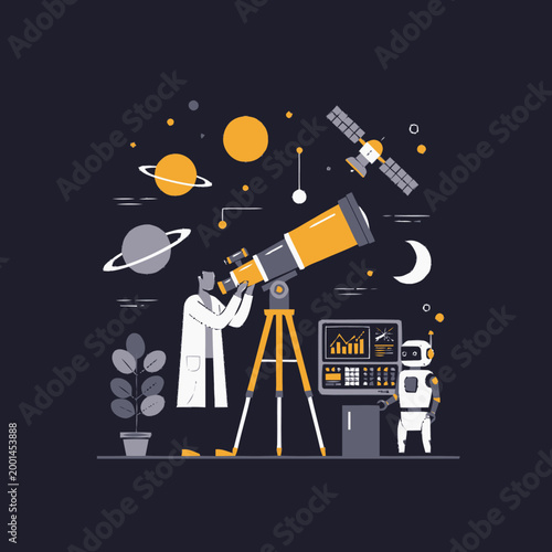 Scientist Observing the Cosmos Through a Powerful Telescope Illustration.