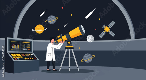 Scientist Observing the Cosmos Through a Powerful Telescope in Observatory.