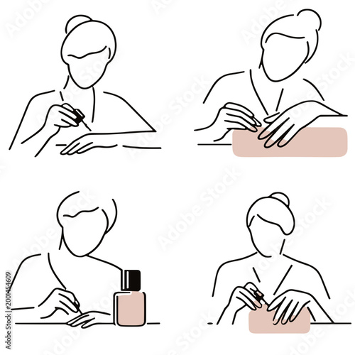 Female manicurist applying base coat in minimalist line art style  