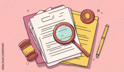 Flat vector illustration of documents with magnifying glass, pen, and gavel scattered on pink background, representing legal or academic research and review materials