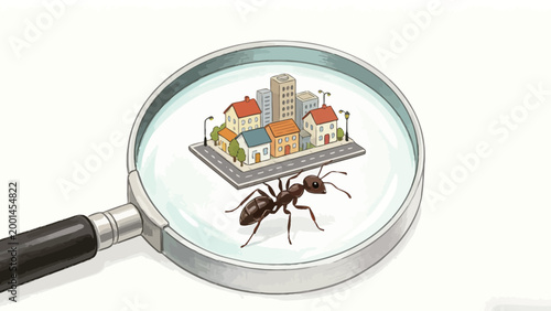 Whimsical Hand-drawn Concept Illustration of a Worker Ant Lifting a Tiny Residential Neighborhood Block, Viewed Through a Magnifying Glass