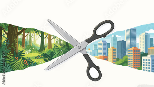 Conceptual Flat Illustration of Scissors Cutting Paper Separating Lush Green Forest and Modern City Skyline, Depicting Urban Expansion and Nature Preservation
