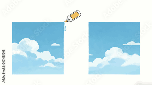 Whimsical Surreal Concept Illustration Of A Glue Bottle Dropping Liquid Adhesive To Join Two Separate Split Panels Of Blue Sky With Soft White Clouds